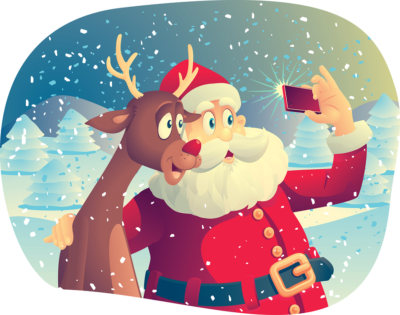 Vector cartoon of Santa Claus and his best friend taking a Christmas picture together. File type: vector EPS AI8 compatible. No transparencies, only compatible gradients.
